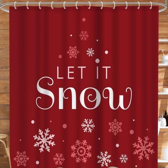 Red Let It Snow Shower Curtain - Festive Winter Holiday Decor Christmas - Picture 1 of 4